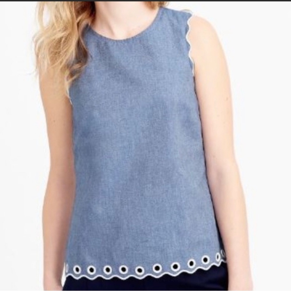 J Crew Women's Chambray Scalloped with Grommets Sleeveless Cotton Top Size 2P